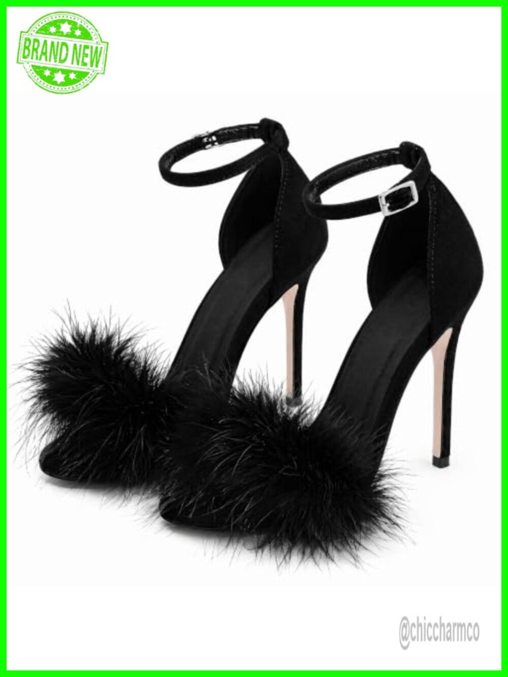 Fluffy Faux Fur Feather Open Toe Stiletto Heeled Sandals Ankle Strap Buckle